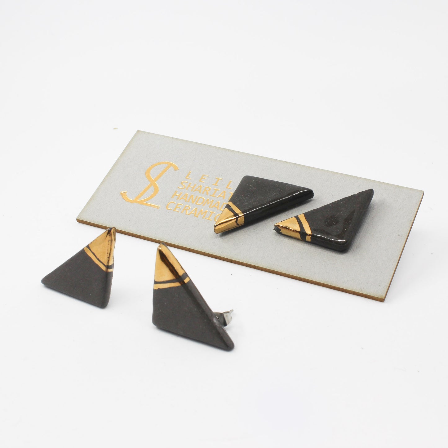Handmade gold plated triangle earrings, black, gold