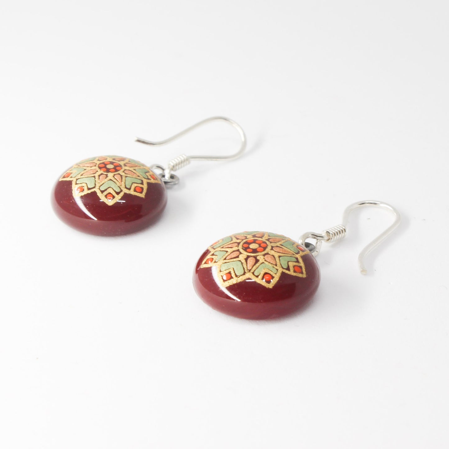 Handmade enamel necklace and earrings, red, gold