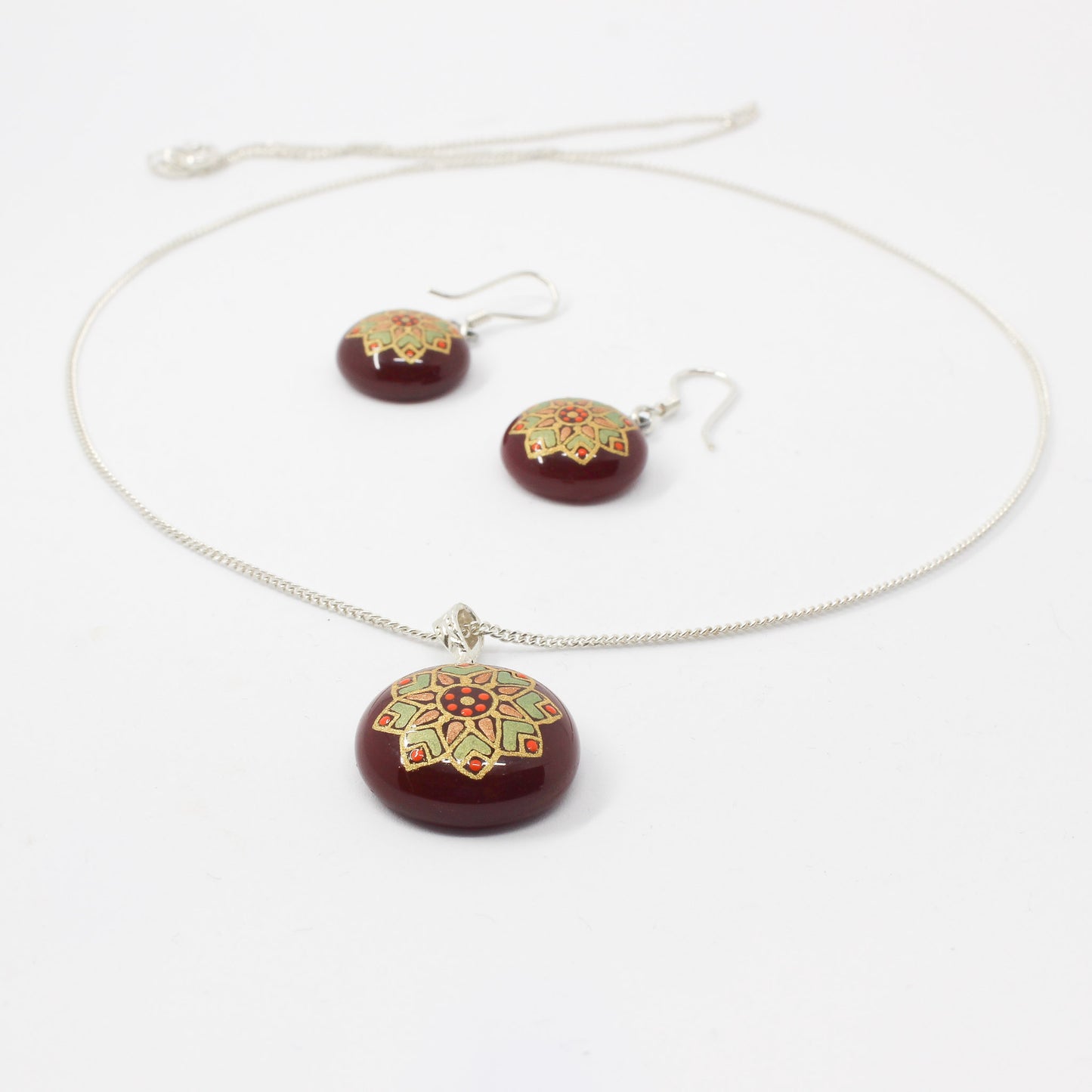 Handmade enamel necklace and earrings, red, gold