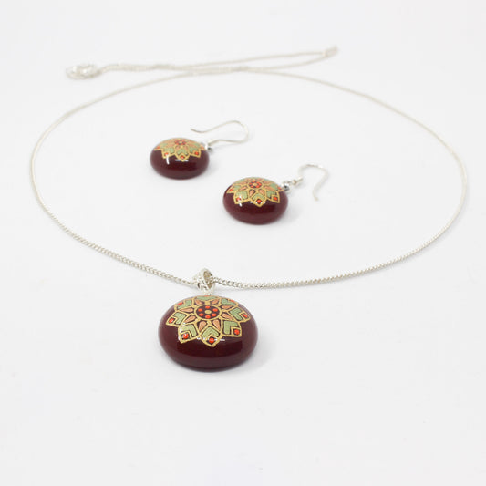 Handmade enamel necklace and earrings, red, gold