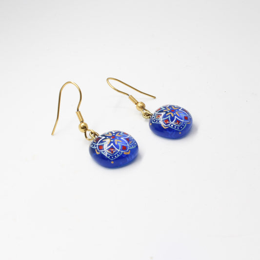 Handmade enamel earrings, blue, gold