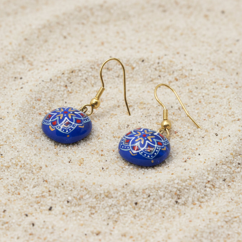 Handmade enamel earrings, blue, gold — detail