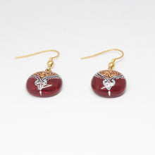 Handmade enamel earrings, red, gold