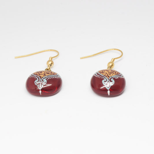 Handmade enamel earrings, red, gold