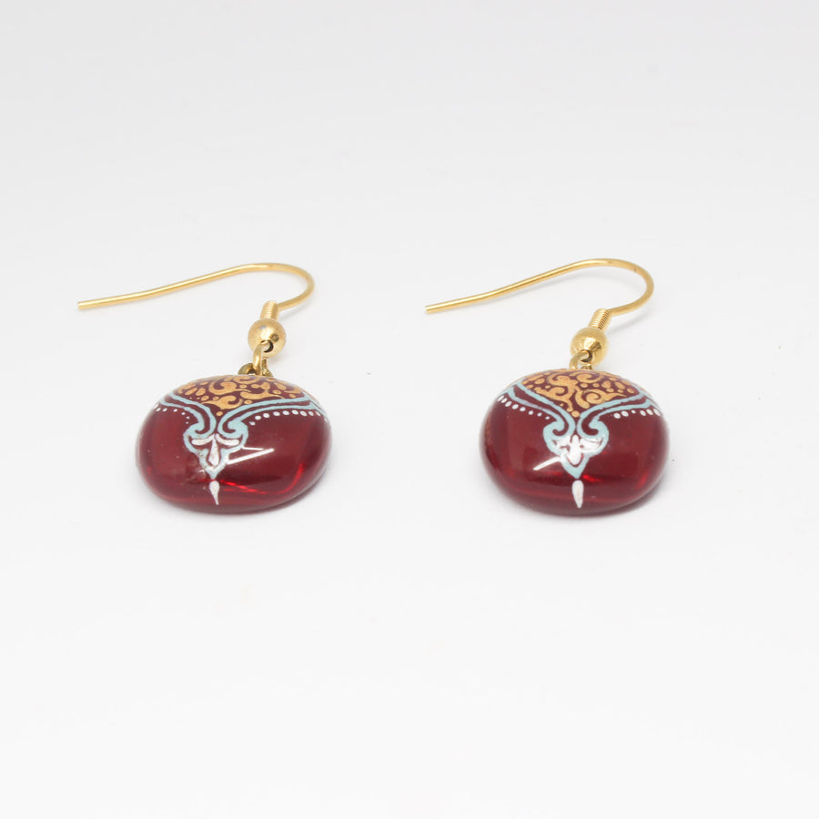 Handmade enamel earrings, red, gold