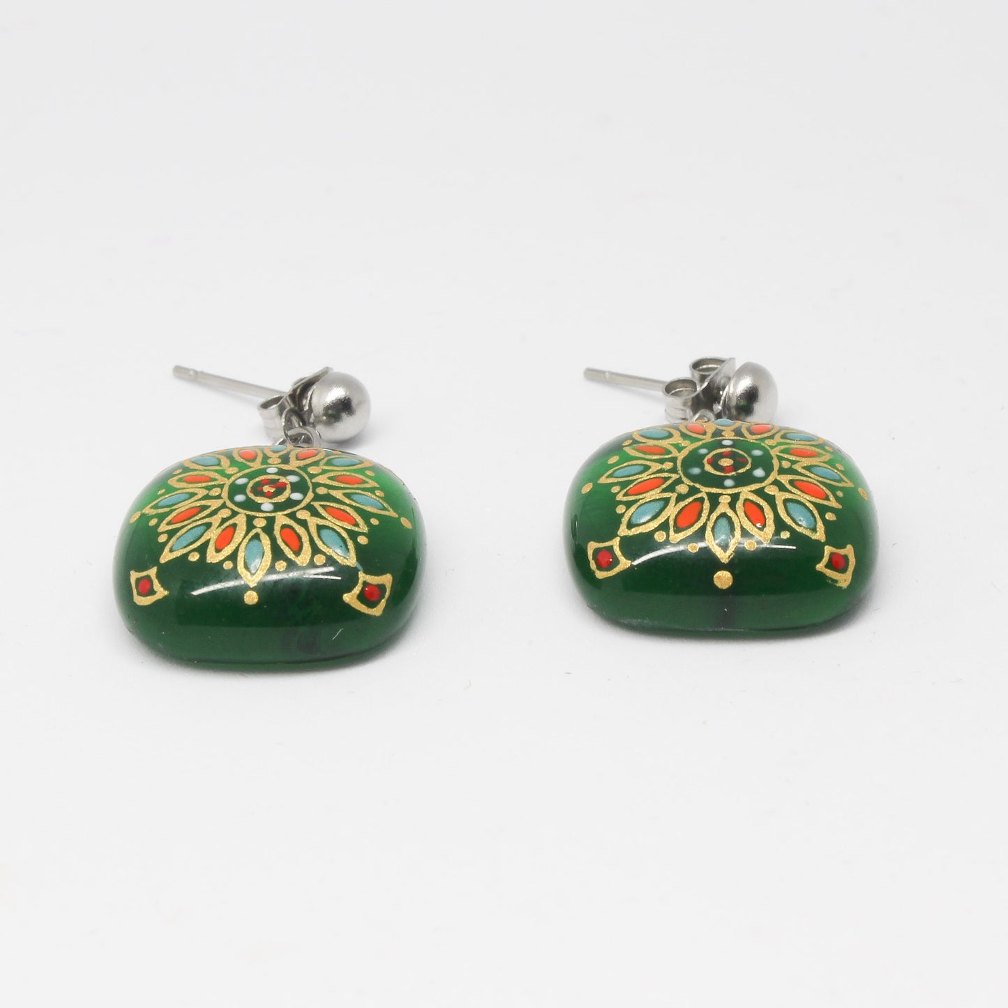 Handmade enamel necklace and earrings, green, gold