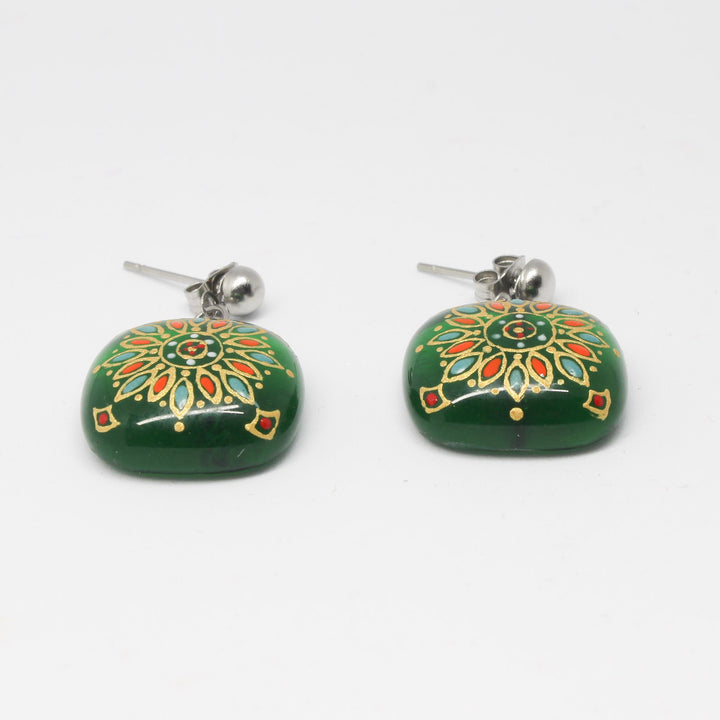 Handmade enamel necklace and earrings, green, gold