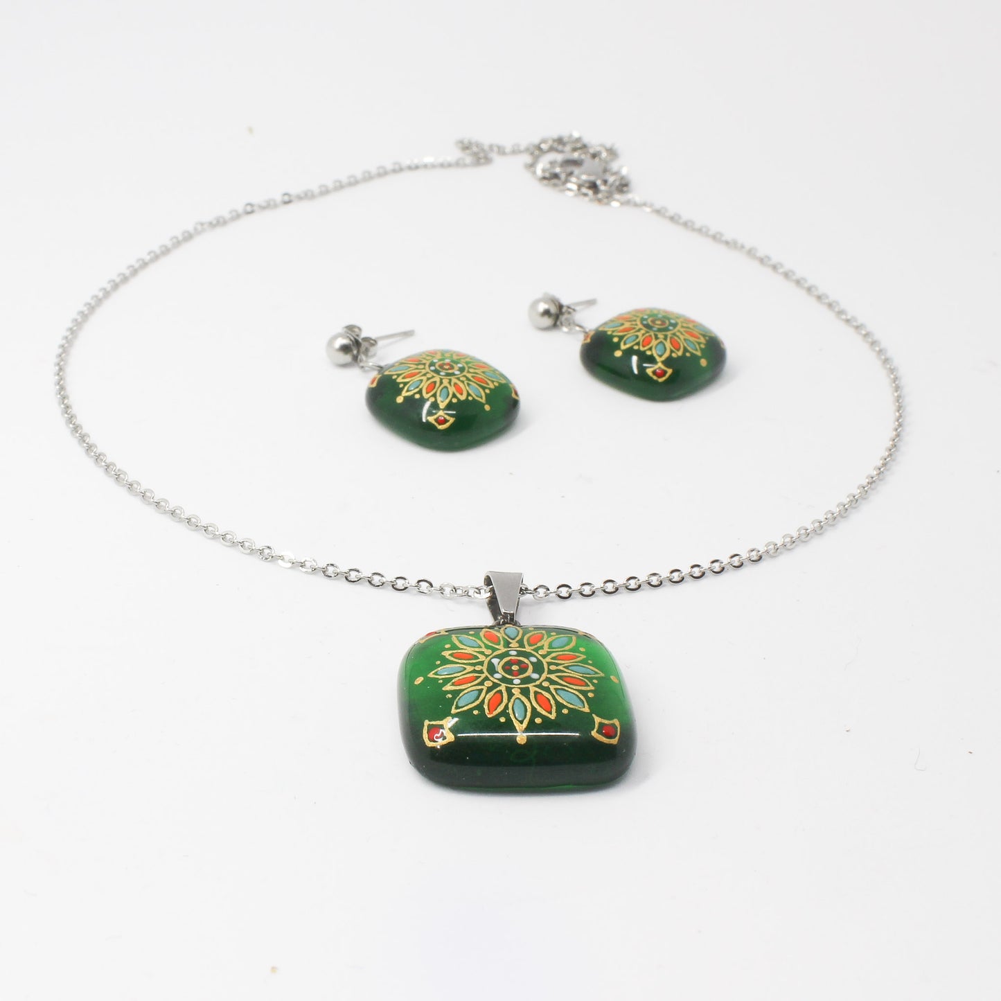 Handmade enamel necklace and earrings, green, gold