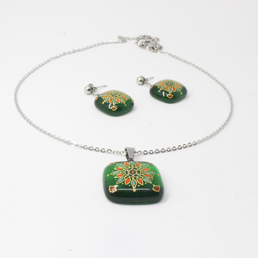 Handmade enamel necklace and earrings, green, gold