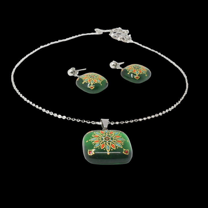 Handmade enamel necklace and earrings, green, gold