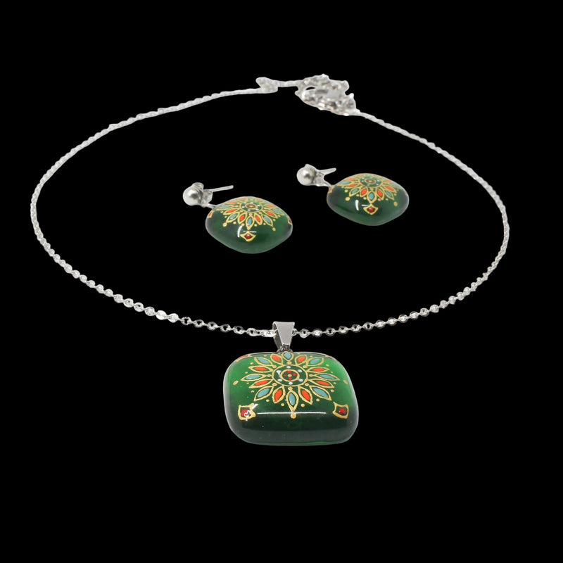 Handmade enamel necklace and earrings, green, gold