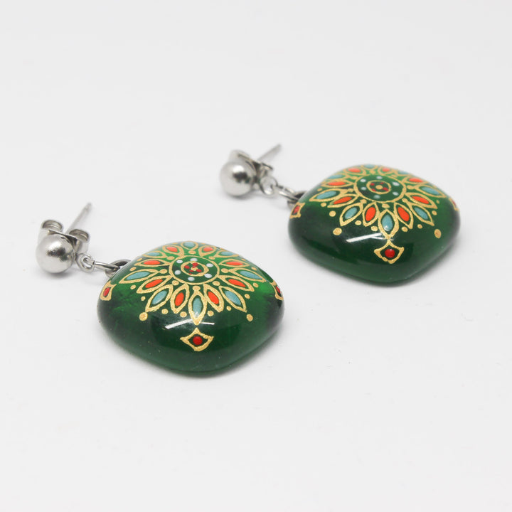 Handmade enamel necklace and earrings, green, gold