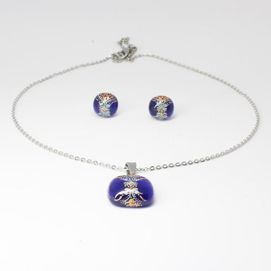 Handmade enamel necklace and earrings, blue, gold
