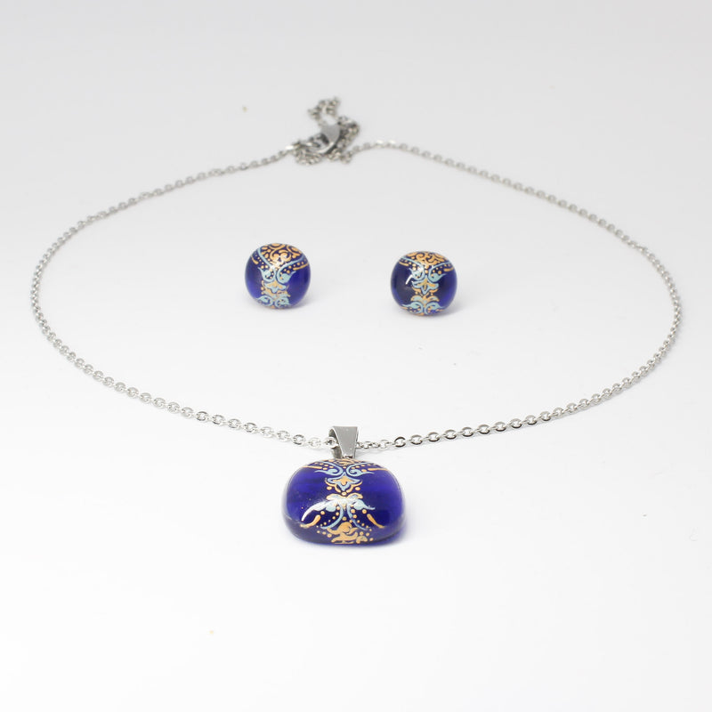 Handmade enamel necklace and earrings, blue, gold