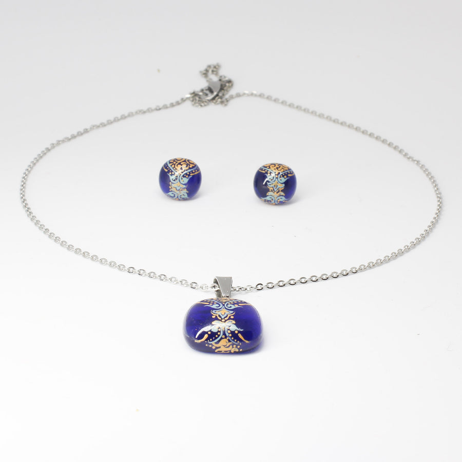 Handmade enamel necklace and earrings, blue, gold