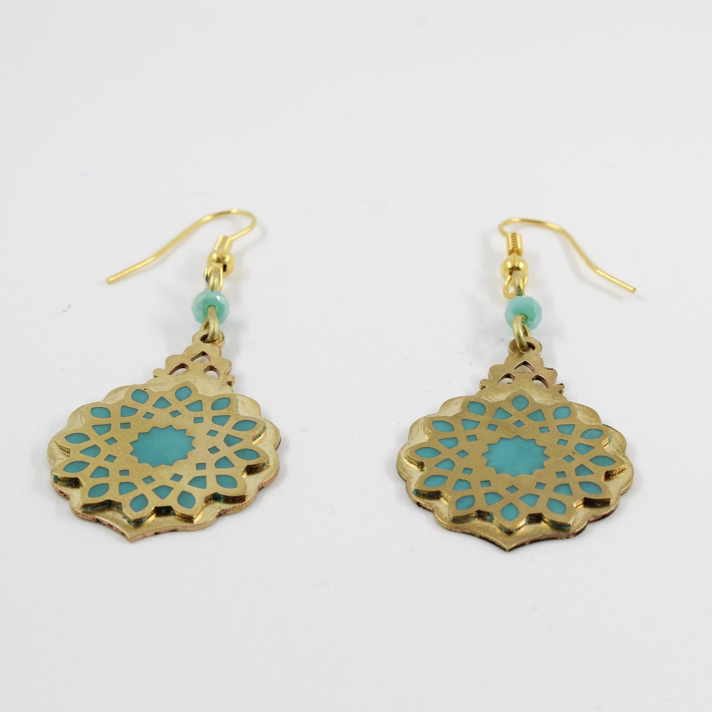 Handmade brass earrings, gold, turquoise