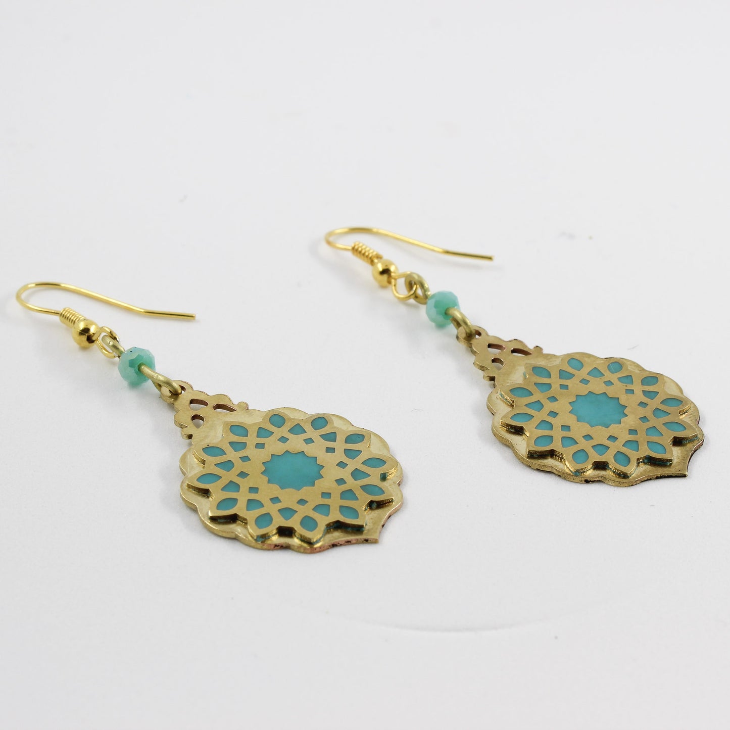 Handmade brass earrings, gold, turquoise