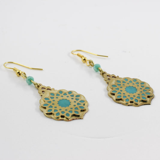 Handmade brass earrings, gold, turquoise