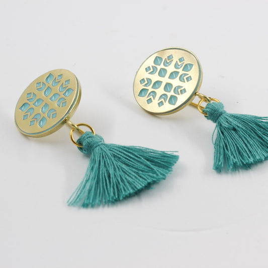 Handmade brass circle earrings, gold, turquoise