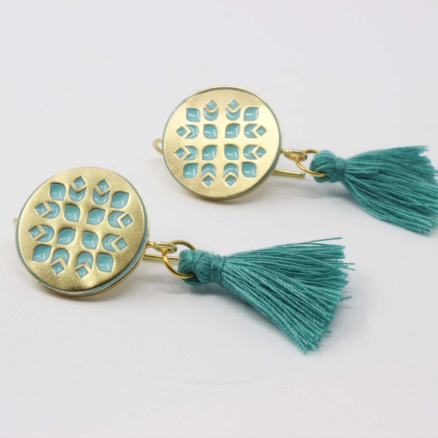 Handmade brass circle earrings, gold, turquoise