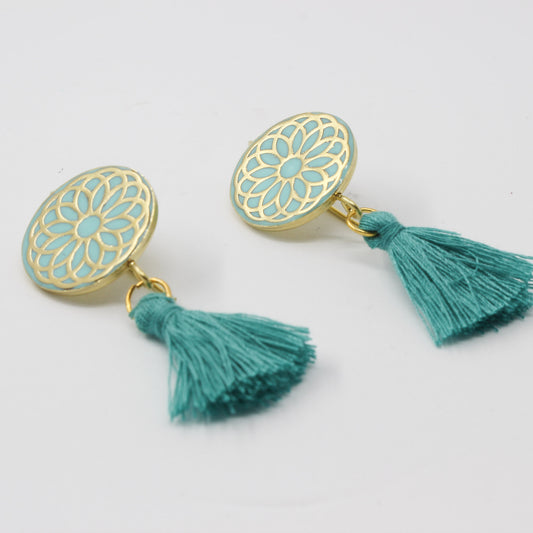 Handmade brass circle earrings, gold, green