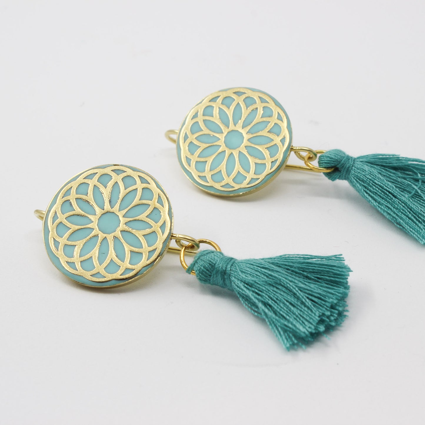Handmade brass circle earrings, gold, green
