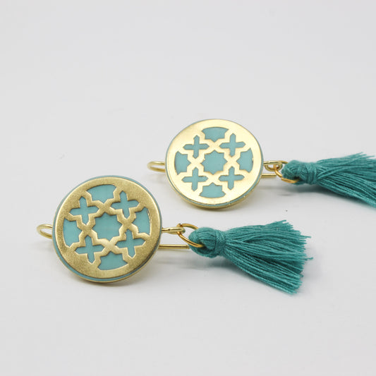 Handmade brass circle earrings, gold, turquoise