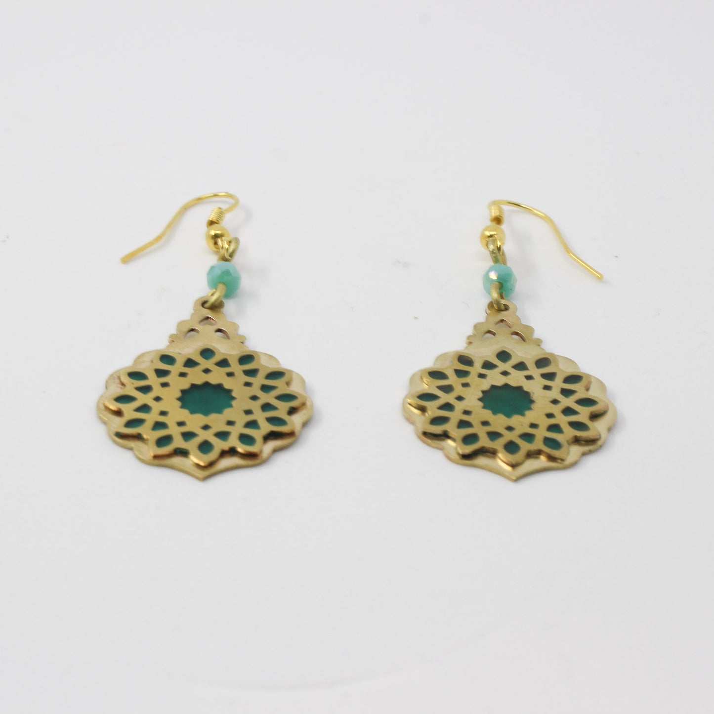 Handmade brass earrings, gold, green
