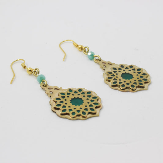 Handmade brass earrings, gold, green