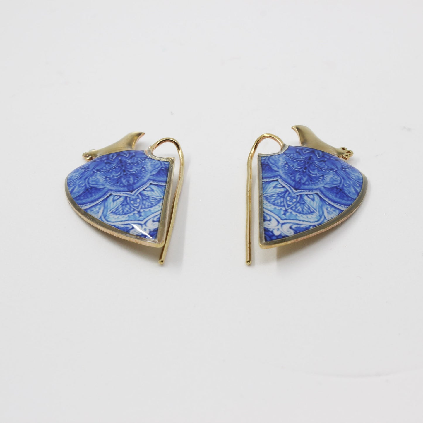 Handmade miniature brass earring, gold, blue