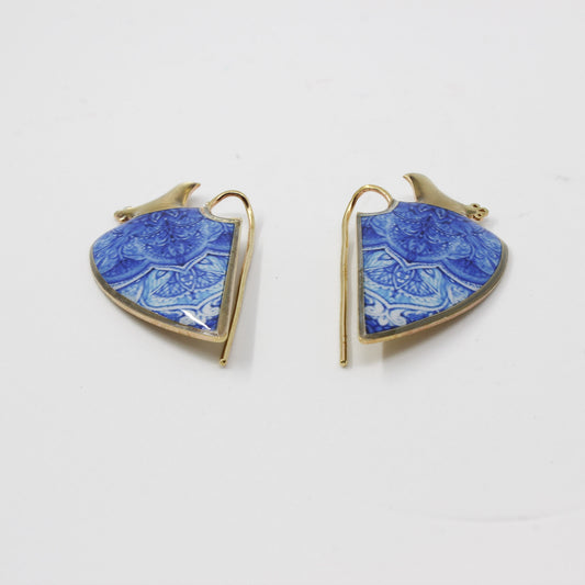 Handmade miniature brass earring, gold, blue