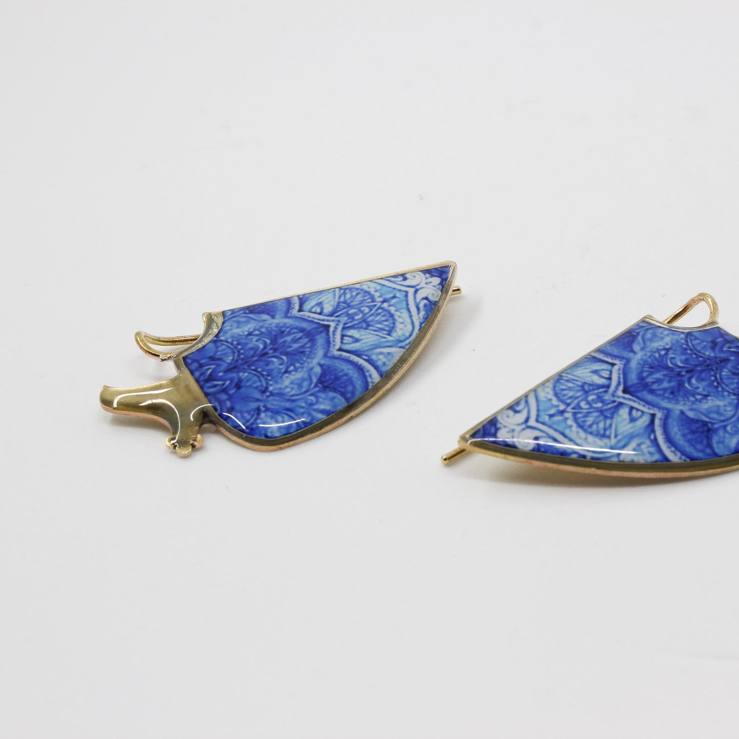 Handmade miniature brass earring, gold, blue