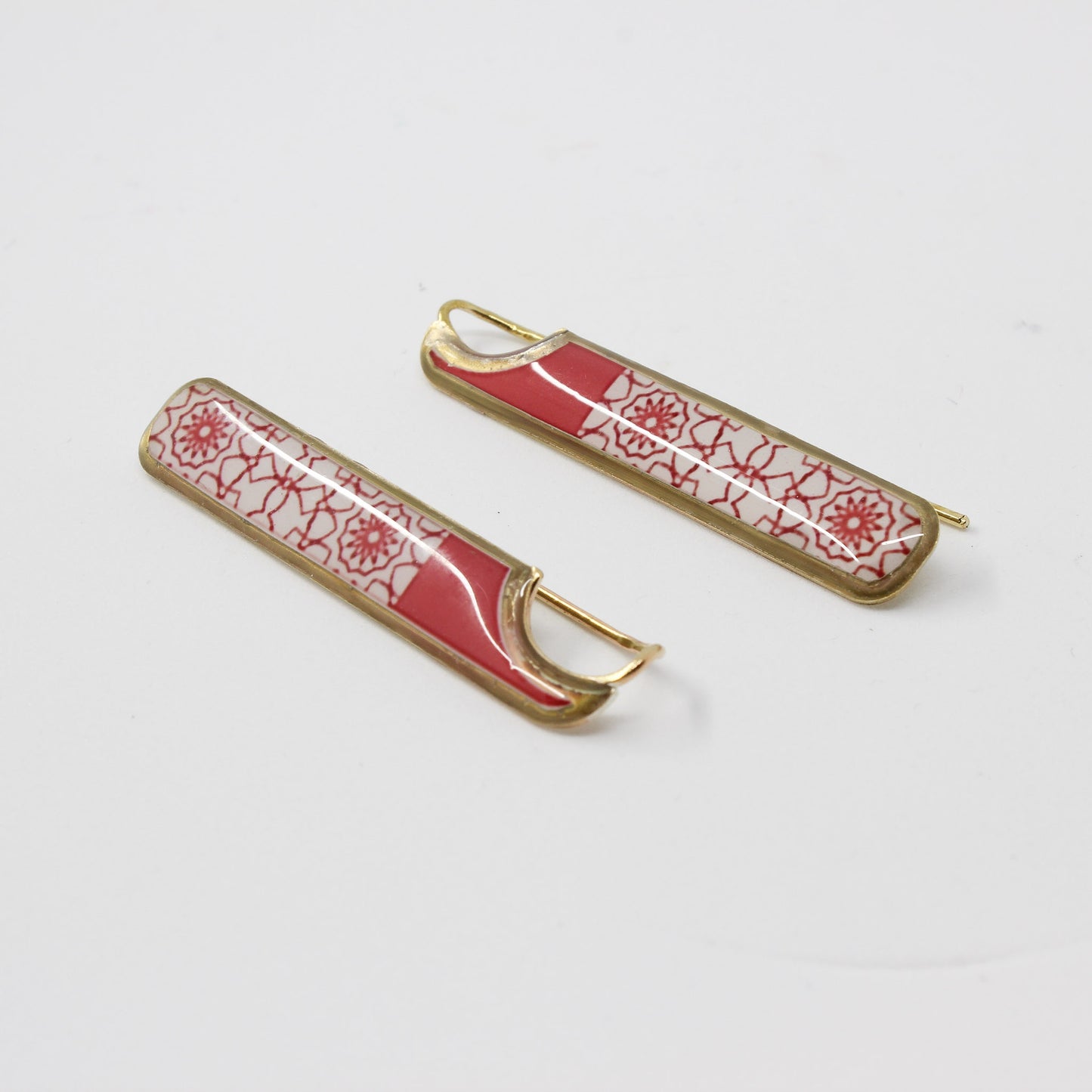 Handmade miniature brass earring, gold, red