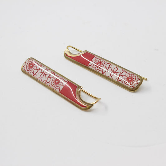 Handmade miniature brass earring, gold, red