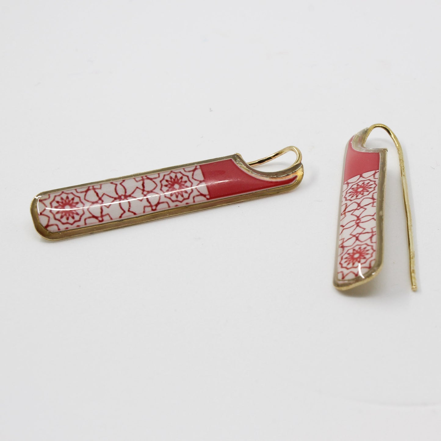 Handmade miniature brass earring, gold, red