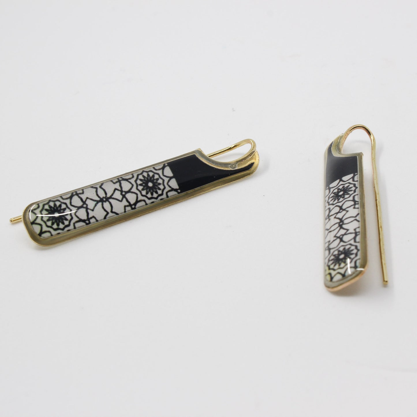 Handmade miniature brass earring, gold, black