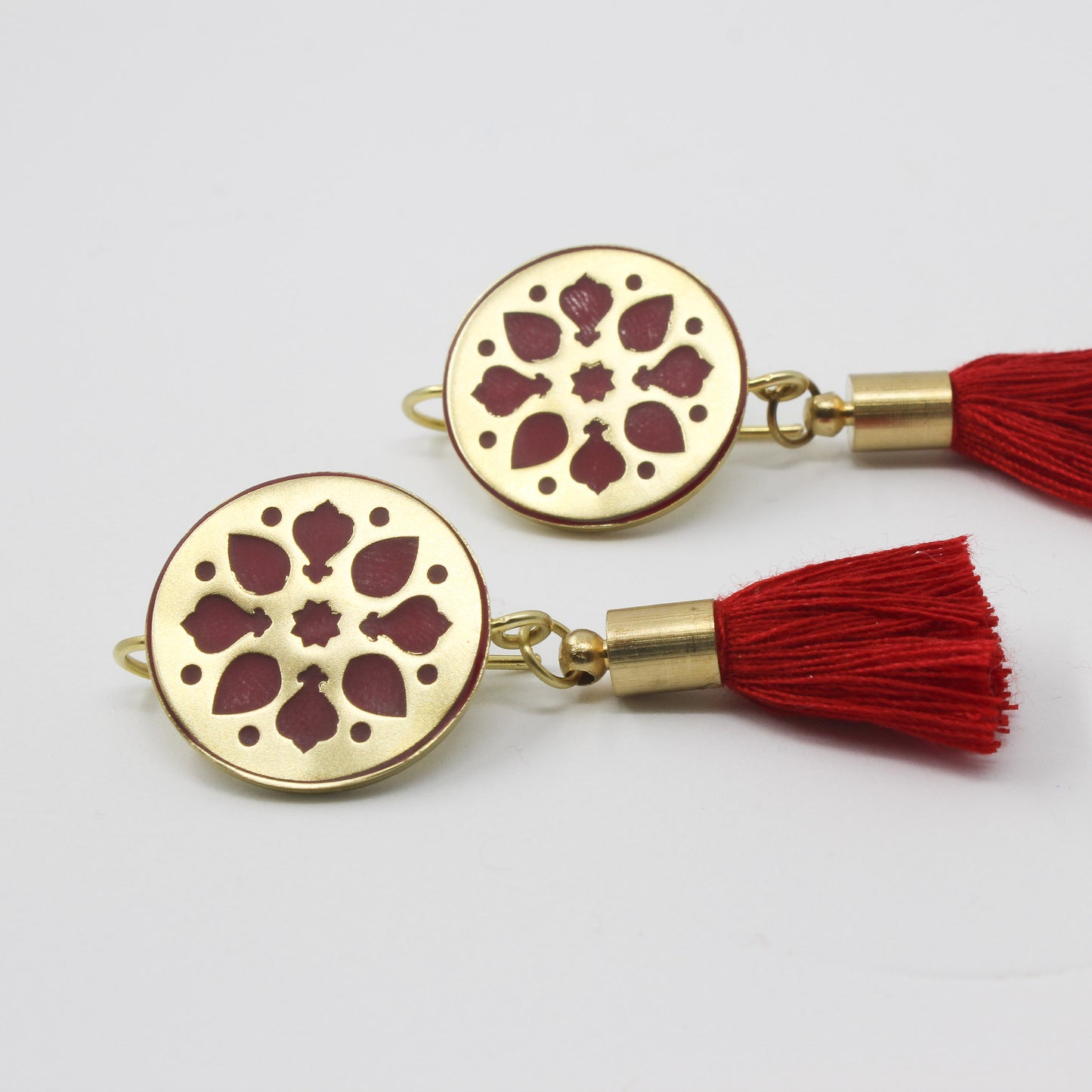Handmade brass circle earrings, gold, red