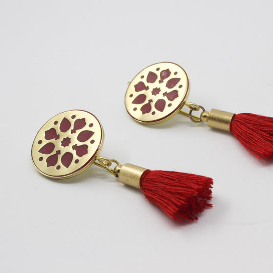 Handmade brass circle earrings, gold, red