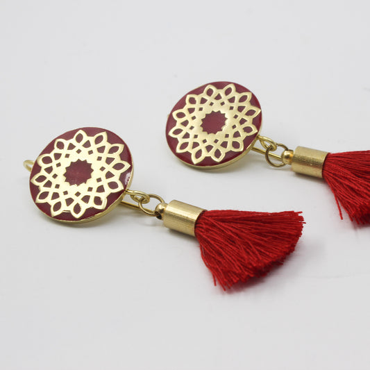 Handmade brass circle earrings, gold, red