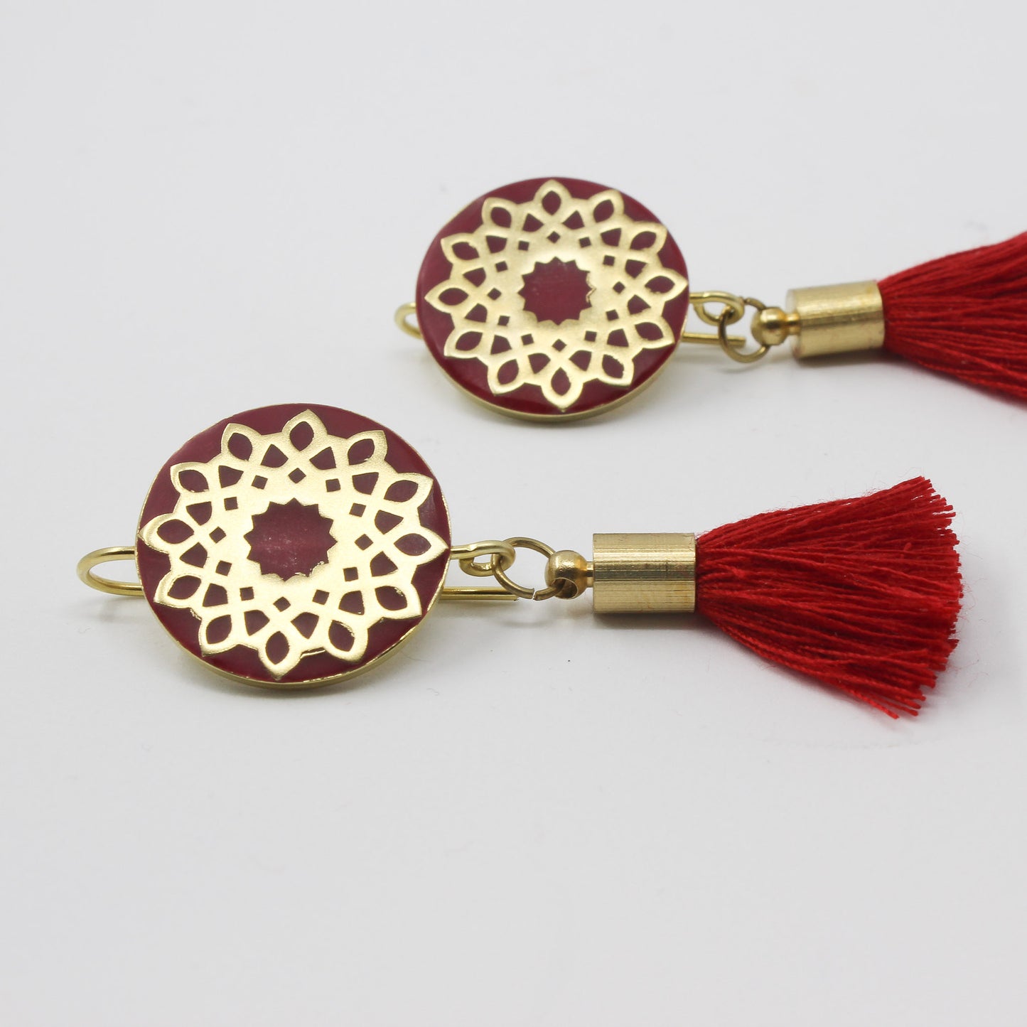 Handmade brass circle earrings, gold, red