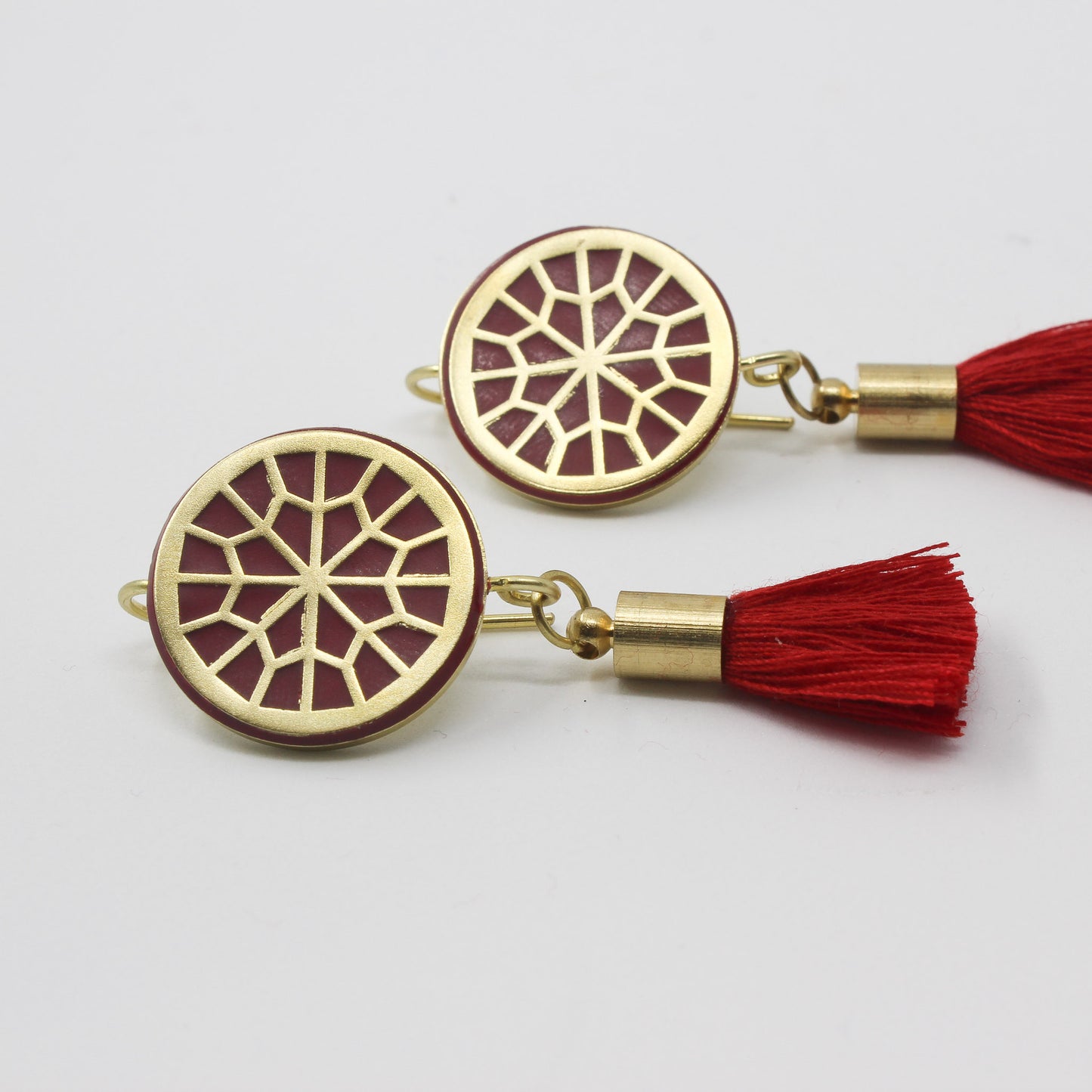 Handmade brass circle earrings, gold, red