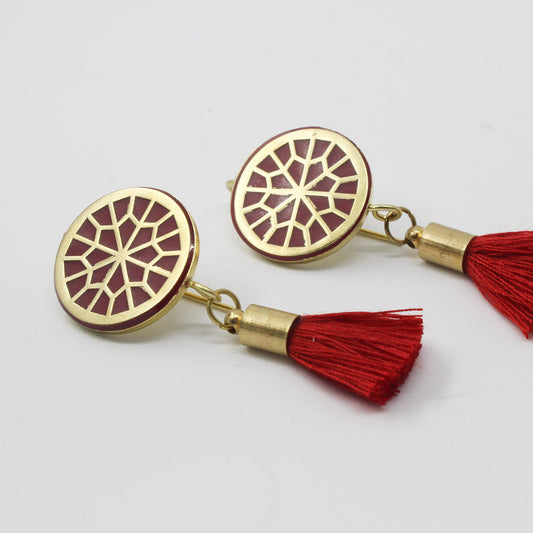 Handmade brass circle earrings, gold, red