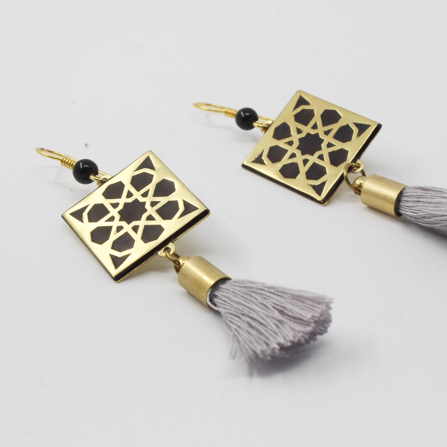 Handmade brass square earrings, gold, black, purple
