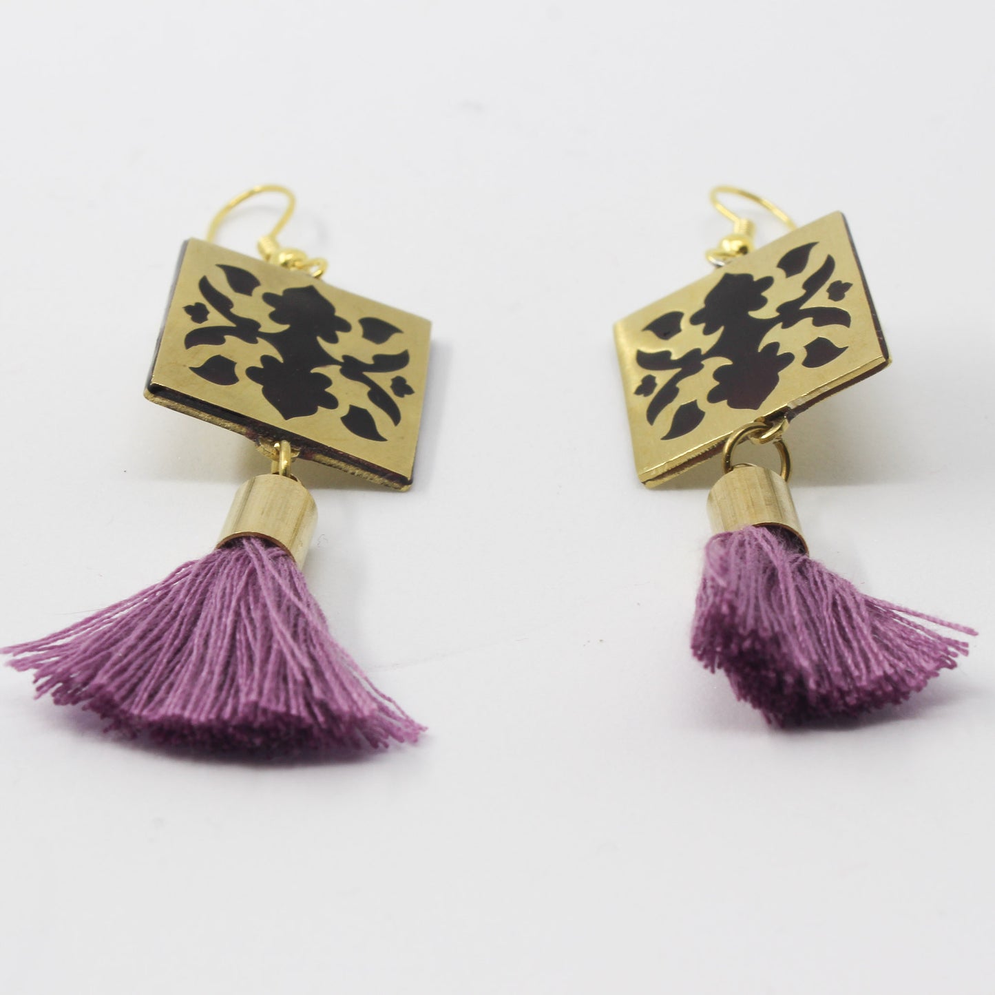 Handmade brass square earrings, gold, black, pink