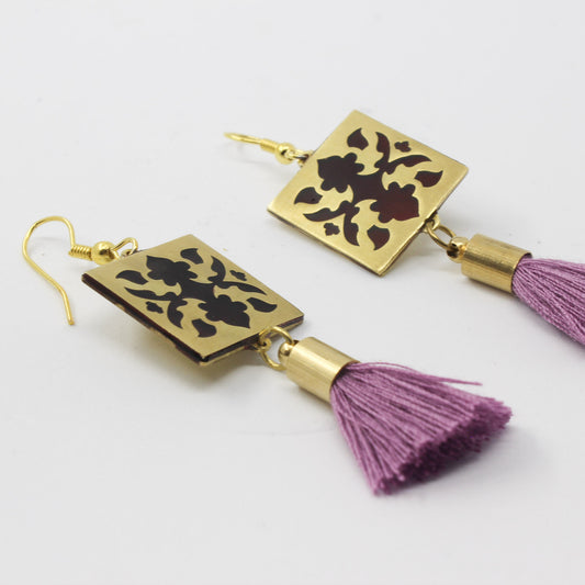 Handmade brass square earrings, gold, black, pink