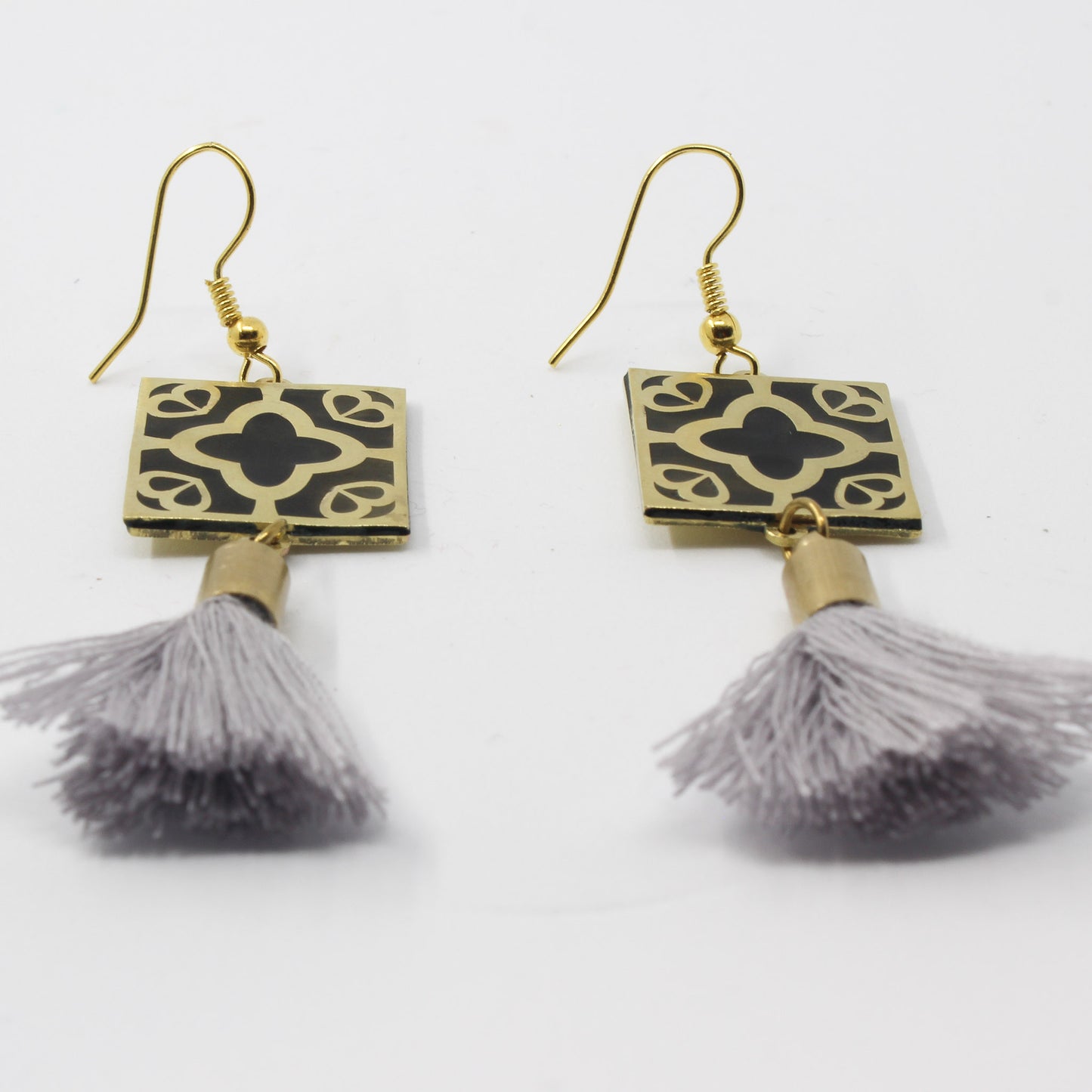 Handmade brass square earrings, gold, black, gray