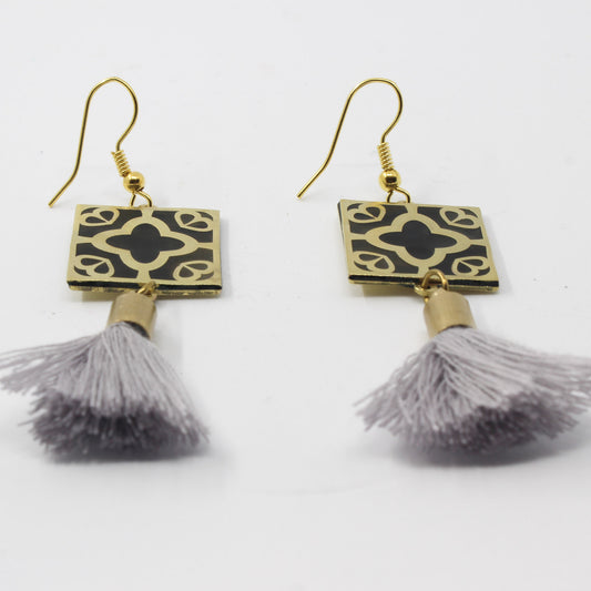 Handmade brass square earrings, gold, black, gray