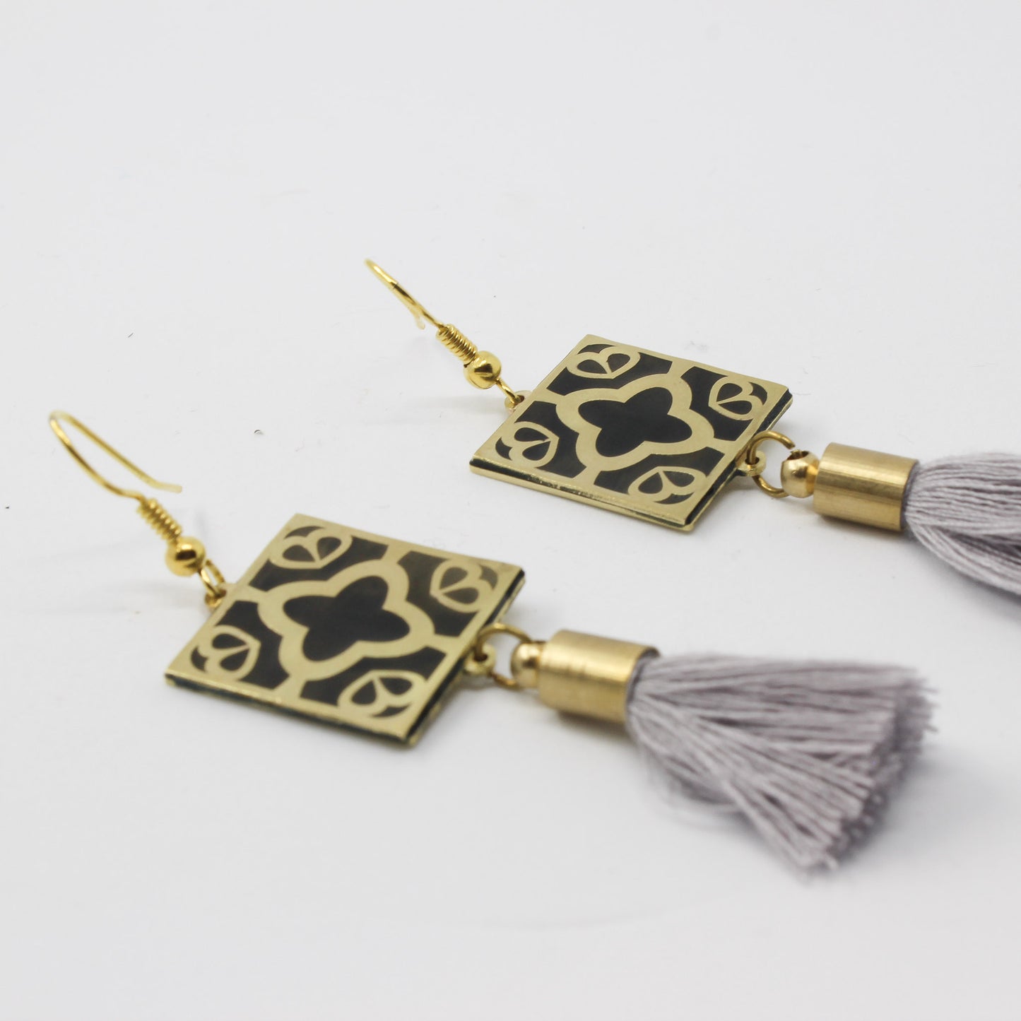 Handmade brass square earrings, gold, black, gray