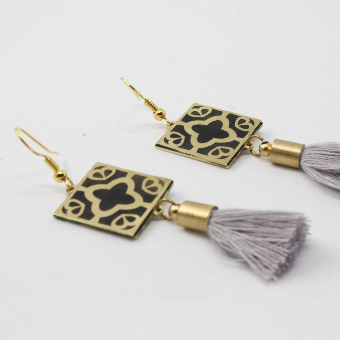 Handmade brass square earrings, gold, black, gray