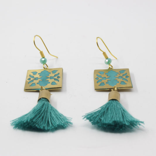 Handmade brass square earrings, gold, blue-green